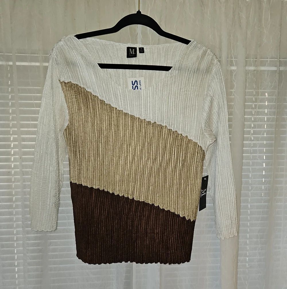 Milano White, Cream & Brown Diagonal Colorblock Ribbed Sweater